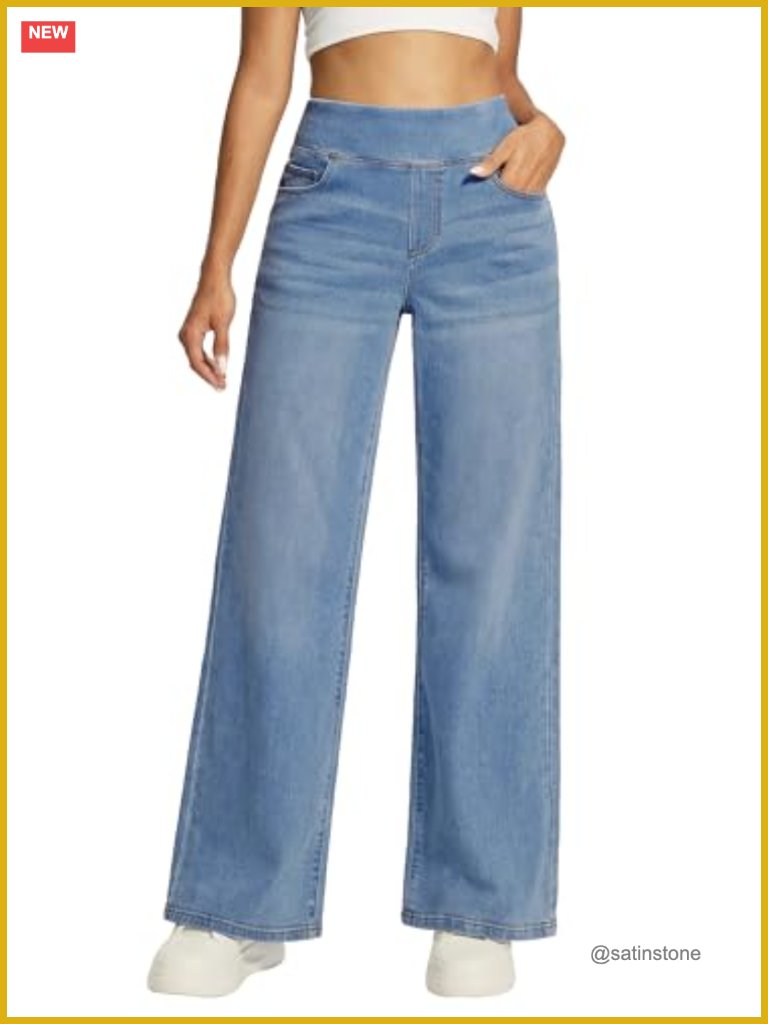 High Waist Pull On Baggy Wide Leg Jeans Stretchy Denim